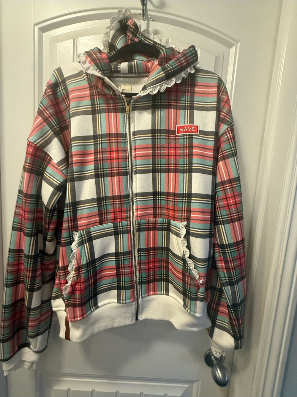 AMPERSAND AVE Plaid Zip-Up Hoodie in Red, Green, White